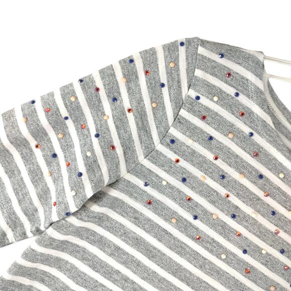 J CREW Women's S Rhinestone Studded Long Sleeve Gray Striped Shirt Artist Tee - Picture 2 of 5